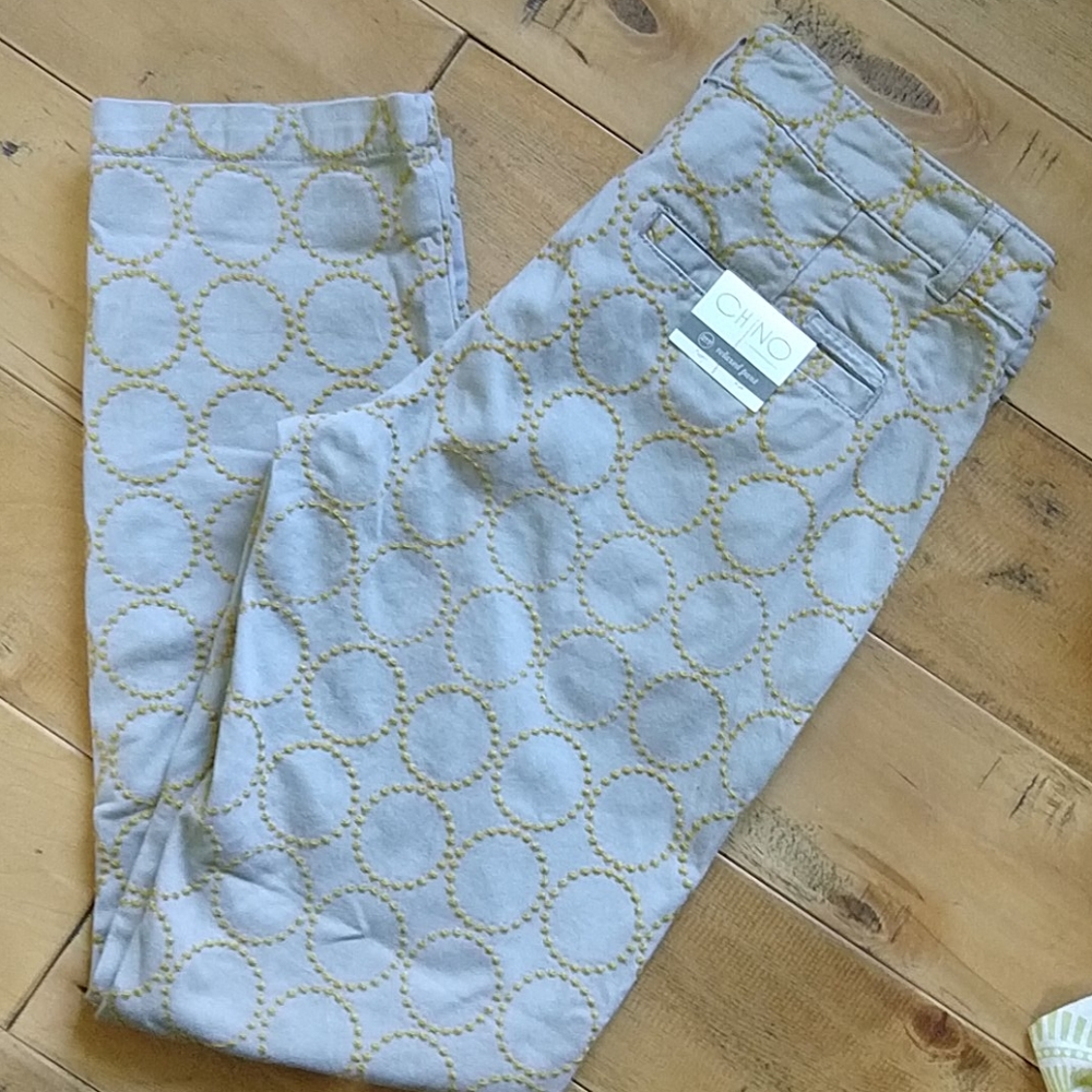 Anthropologie Circle Embroidered Chino Pants Khaki Yellow Relaxed 27 Petite